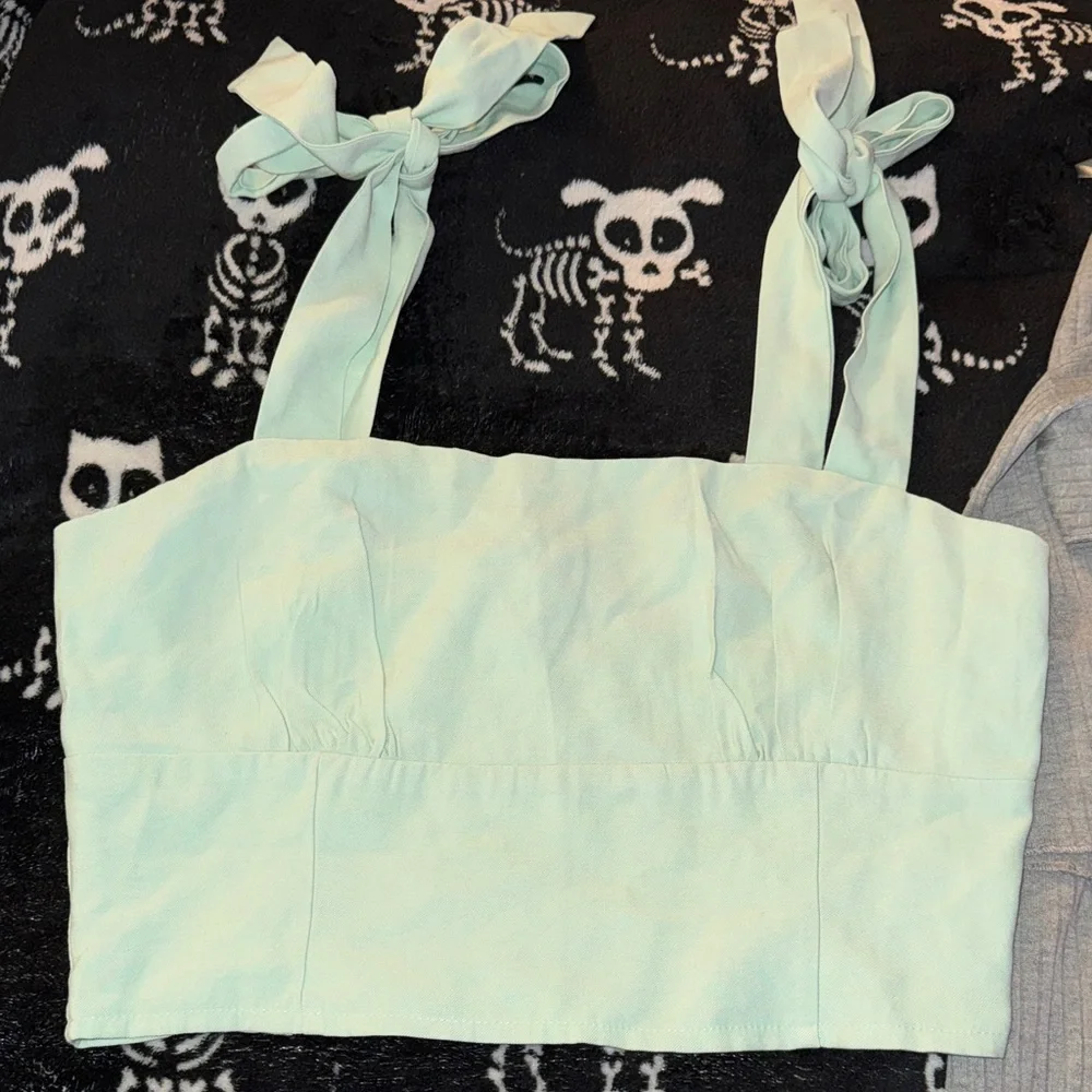 Zara Pale Mint Tie-Shoulder Crop Top & Light Gray Ribbed Wrap Duo